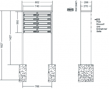 RENZ Briefkastenanlage freistehend, Tetro, Edelstahl V4A, Kastenformat 370x110x270mm, 10-teilig